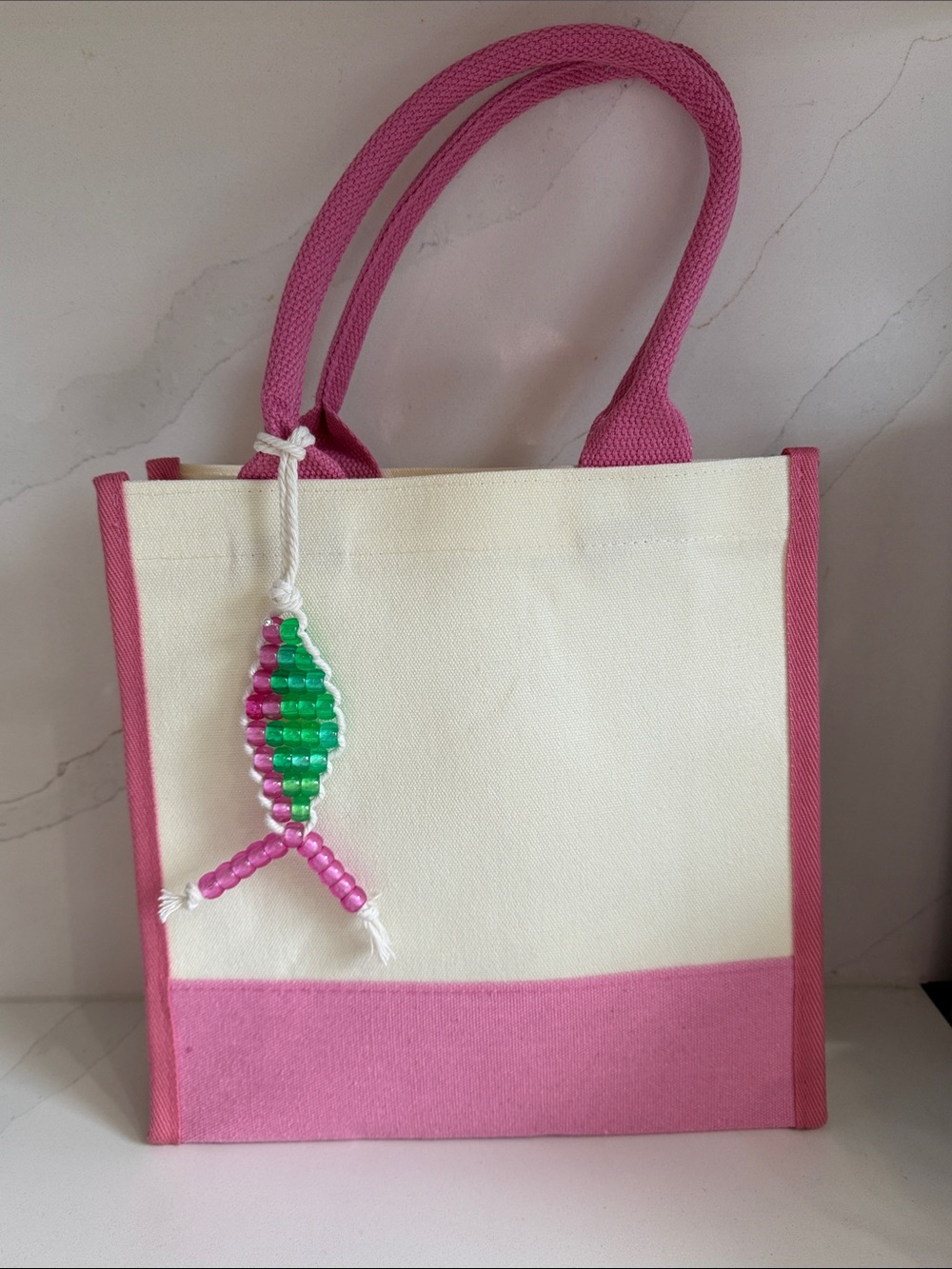 Canvas Lunch Tote Bag with Pink Trim and Bead Fish Charm